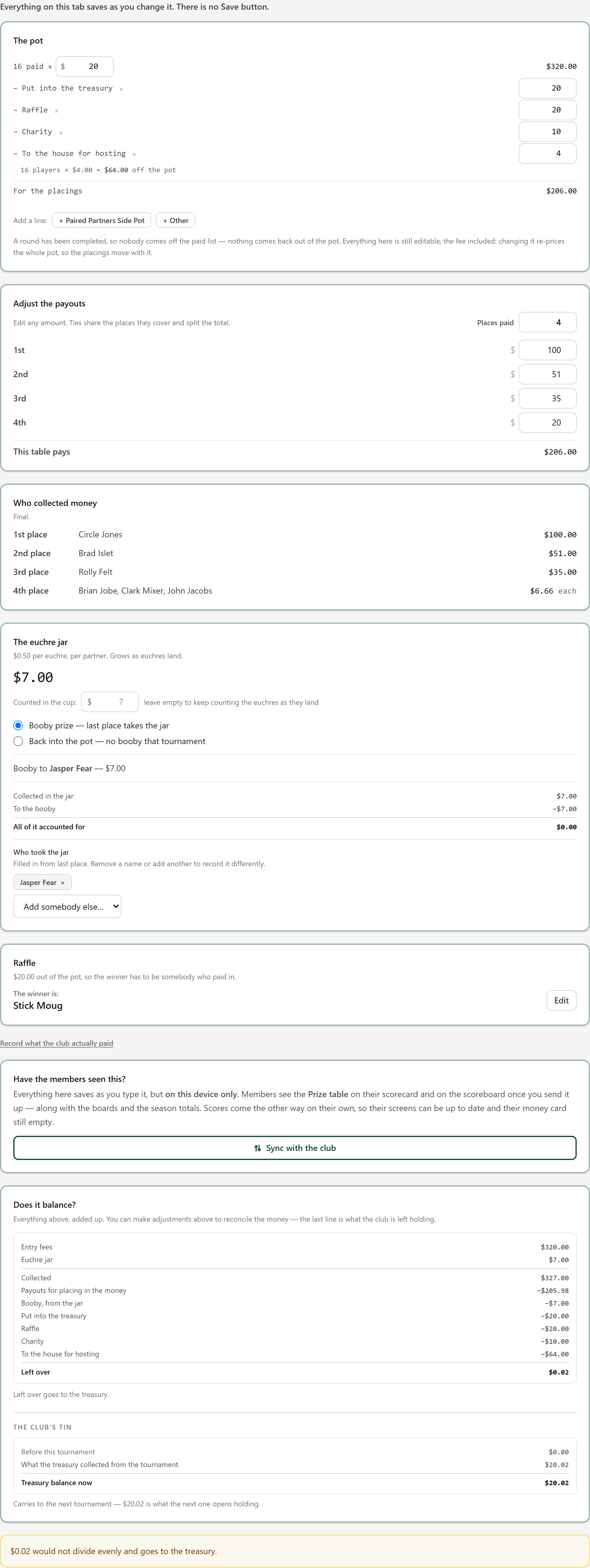 Settle the money — /tournaments/{tournament}#money